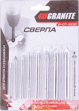 Набор сверл-пика для стекла и плитки GRANITE 8 шт 4х60/5х65/2 шт 6х68/2 шт 8х70/10х85/12х90 мм 2-01-008