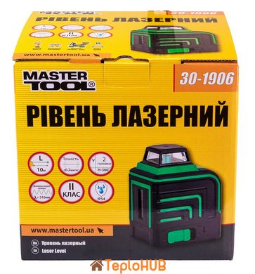 Рівень лазерний MASTERTOOL 10м ±0,2мм/м 2 гол H/V/H+V H360°/V110° ±3°GREEN/510нм клас II IP54 Li-ion/АА*3 сумка 30-1906