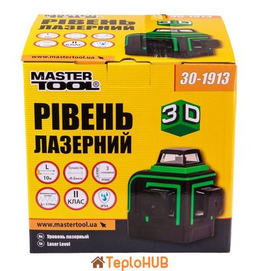 Уровень лазерный MASTERTOOL 10м ±0,2мм/м 3 гол H/V/H+V H360°/2*V360°±3°GREEN/510нм клас II IP54 Li-ion/АА*3 сумка 30-1913