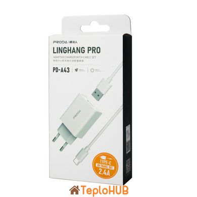 Зарядний пристрій Proda PD-A43a USB 2,4A + USB Type-C кабель 1 м білий