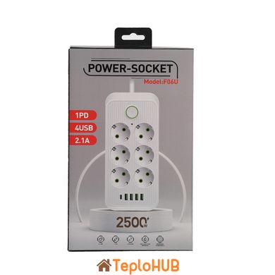 Мережевий фільтр XOKO SP-6-4-1, 2м, 6 розетки, 4 USB-А + 1 USB Type-C PD Білий