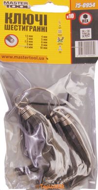 Ключі шестигранні MASTERTOOL CrV 1,5-10 мм 38/60 мм набір 10 шт 75-0954