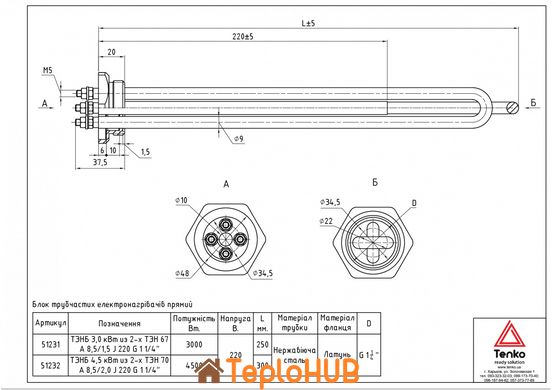 Блок ТЕНів 3 кВт кріплення гайка латунна 1 1/4 " L=250mm