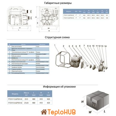 Мотопомпа 6.5 к.с. Hmax 30м Qmax 60м³/год (4-х тактний) LEO LGP30-A (772515)