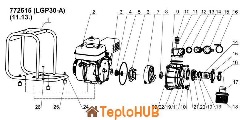 Мотопомпа 6.5 к.с. Hmax 30м Qmax 60м³/год (4-х тактний) LEO LGP30-A (772515)