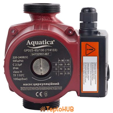 Насос циркуляційний 100Вт Hmax 6м Qmax 75л/хв Ø1½" 130мм+гайки Ø1" AQUATICA (774133)