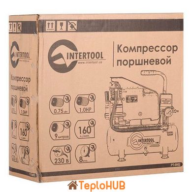 Компрессор 9 л, 0.75 кВт, 220 В, 8 атм, 160 л/мин INTERTOOL PT-0002