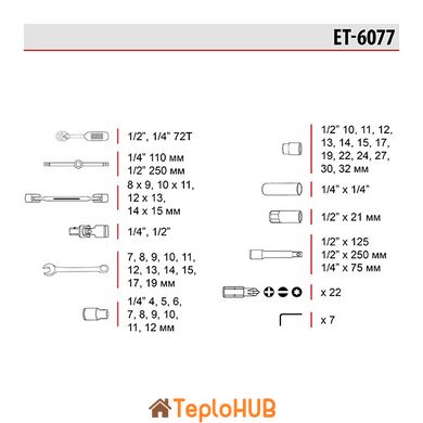 Набір інструментів 1/2" & 1/4", 77 од. INTERTOOL ET-6077