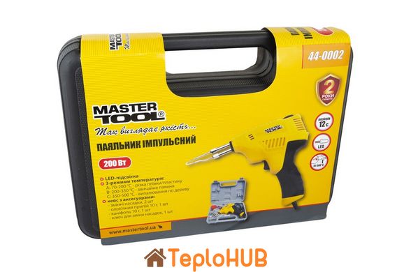 Паяльник импульсный MASTERTOOL с трансформатором 3 режима 200 Вт/220-240 V/50 Hz 0-500°С LED пластиковый кейс/аксессуары 44-0002