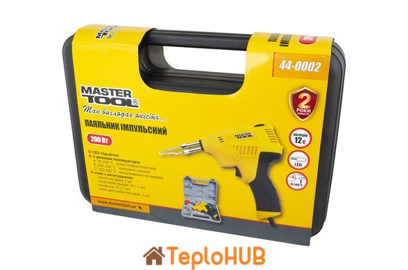 Паяльник імпульсний MASTERTOOL з трансформатором 3 режими 200 Вт/220-240 V/50 Hz 0-500°С LED пластиковий кейс/аксесуари 44-0002