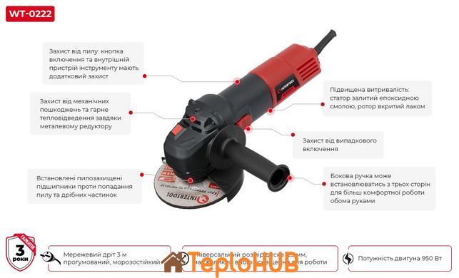 Шліфмашина кутова 950 Вт, діаметр круга 125 мм, 12 000 об/хв. INTERTOOL WT-0222