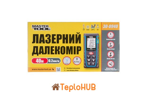 Дальномер лазерный MASTERTOOL до 40 м ± 2 мм/м память 30 класс лазера I IP54 питания ААА*2 чехол 30-0940