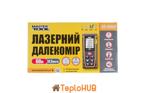 Далекомір лазерний MASTERTOOL до 60 м ± 2 мм/м пам'ять 30 клас лазера I IP54 живлення ААА*2 чохол 30-0960