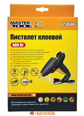 Пистолет клеевой MASTERTOOL Ø 11,2 мм 400Вт/220В/50Гц 28 г/мин беспроводной регулятор t 150-200 С "Капля-Стоп" 42-0506