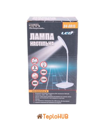 Лампа настільна гнучка MASTERTOOL сенсорний вмикач 3 режими 125х100х350 мм COB LED USB/3xAA ABS 94-0815