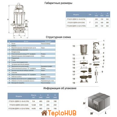 Насос дренажний 0.75кВт Hmax 35м Qmax 80л/хв AQUATICA QDX1.5-32-0.75FA (773238)