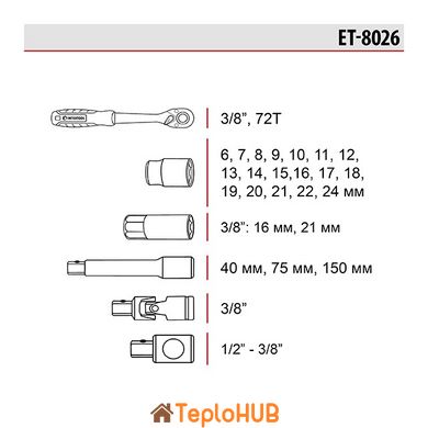 Набір інструментів 3/8", 26 од., Cr-V STORM INTERTOOL ET-8026