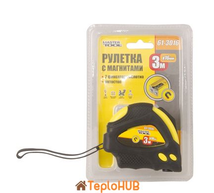 Рулетка MASTERTOOL 3 м 16 мм з магнітами 2 фіксатора покриття TPR 61-3016